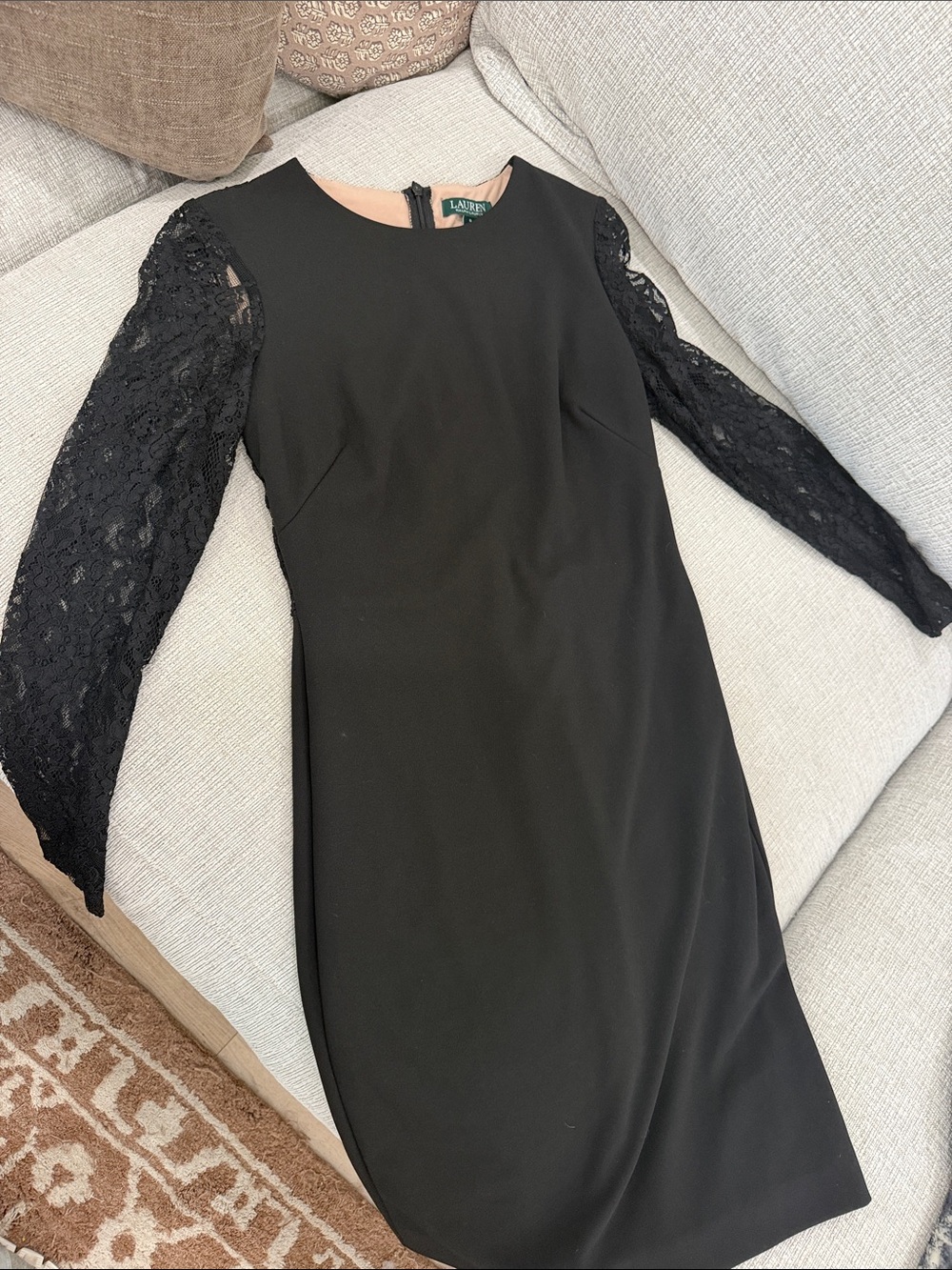 Lauren Ralph Lauren Black Sheath Dress with Lace Long Sleeves